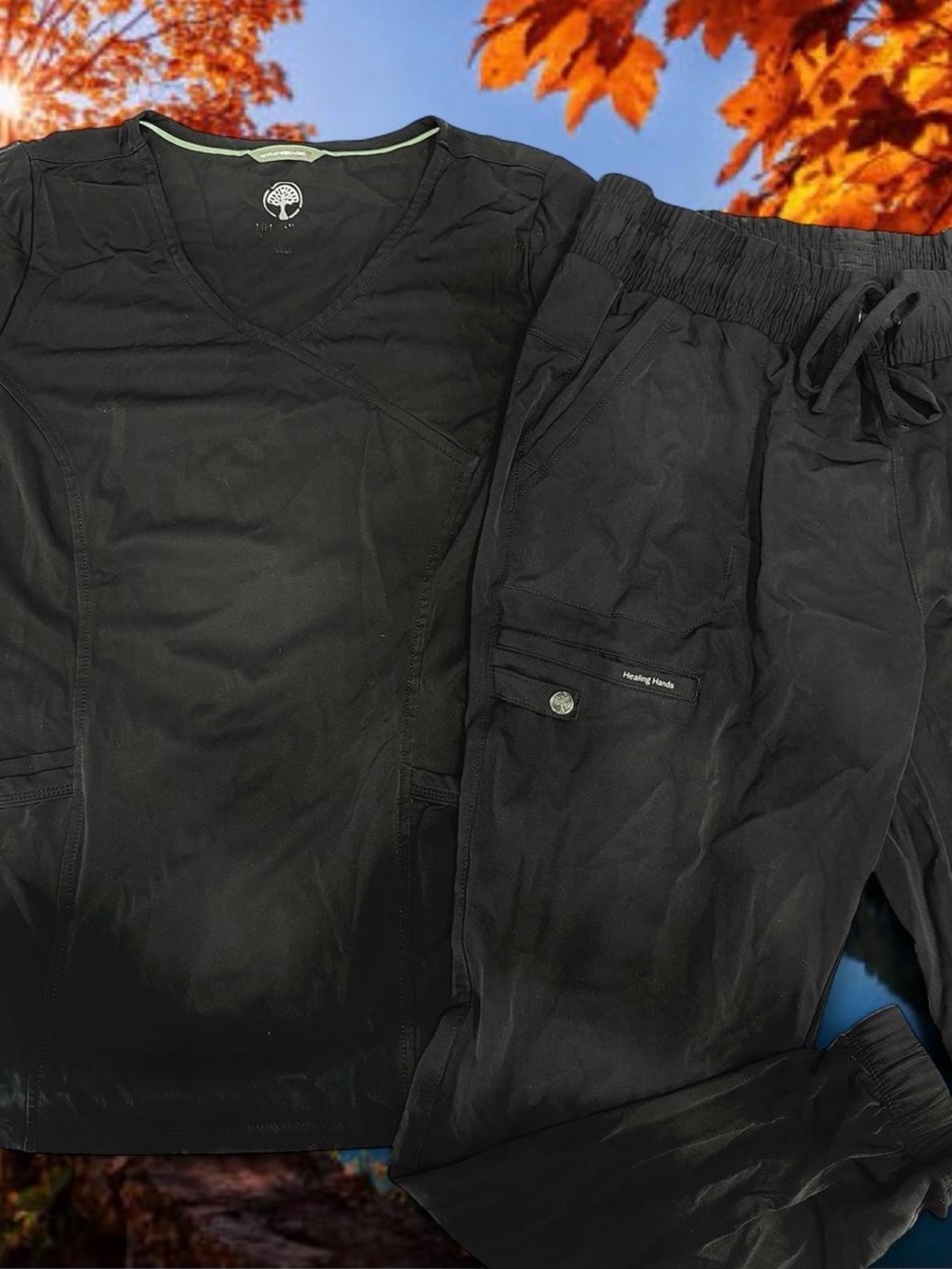 Healing Hands HH Works womens Black Cargo Jogger Pants and v neck scrub top Sz L